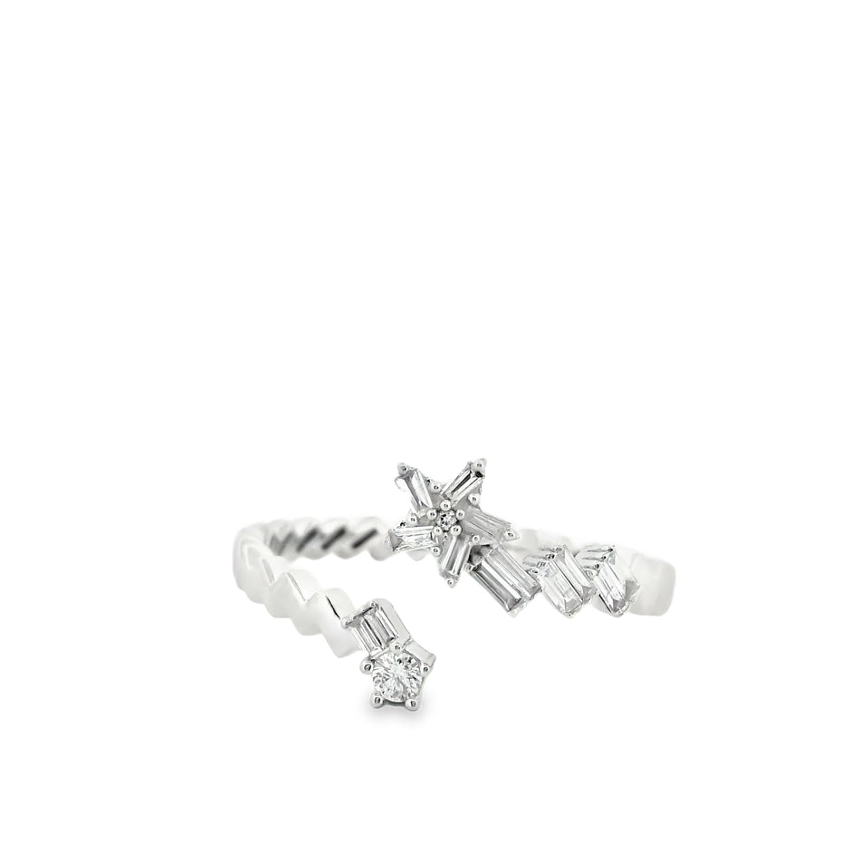 14K Yellow Gold Open Bypass Ring with Baguette & Round Diamond Star Cluster | 0.17 Ctw Natural White Diamond Twist Band