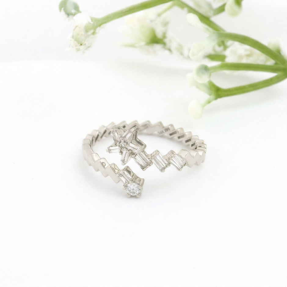 14K Yellow Gold Open Bypass Ring with Baguette & Round Diamond Star Cluster | 0.17 Ctw Natural White Diamond Twist Band