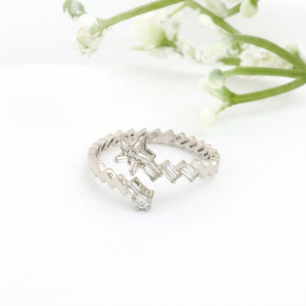 14K Yellow Gold Open Bypass Ring with Baguette & Round Diamond Star Cluster | 0.17 Ctw Natural White Diamond Twist Band