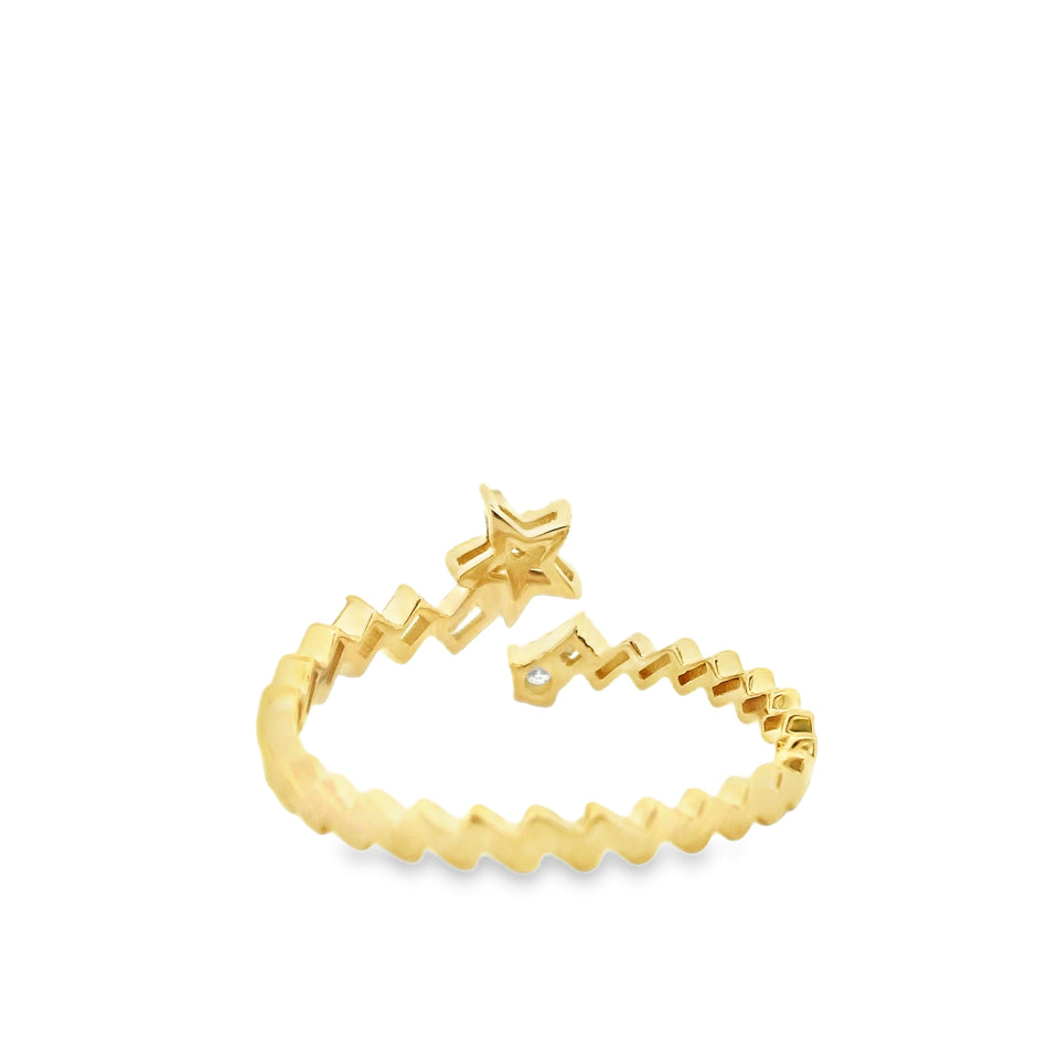 14K Yellow Gold Open Bypass Ring with Baguette & Round Diamond Star Cluster | 0.17 Ctw Natural White Diamond Twist Band