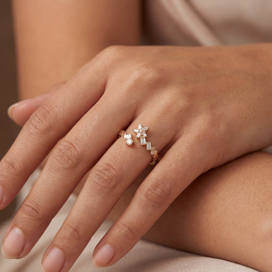 14K Yellow Gold Open Bypass Ring with Baguette & Round Diamond Star Cluster | 0.17 Ctw Natural White Diamond Twist Band
