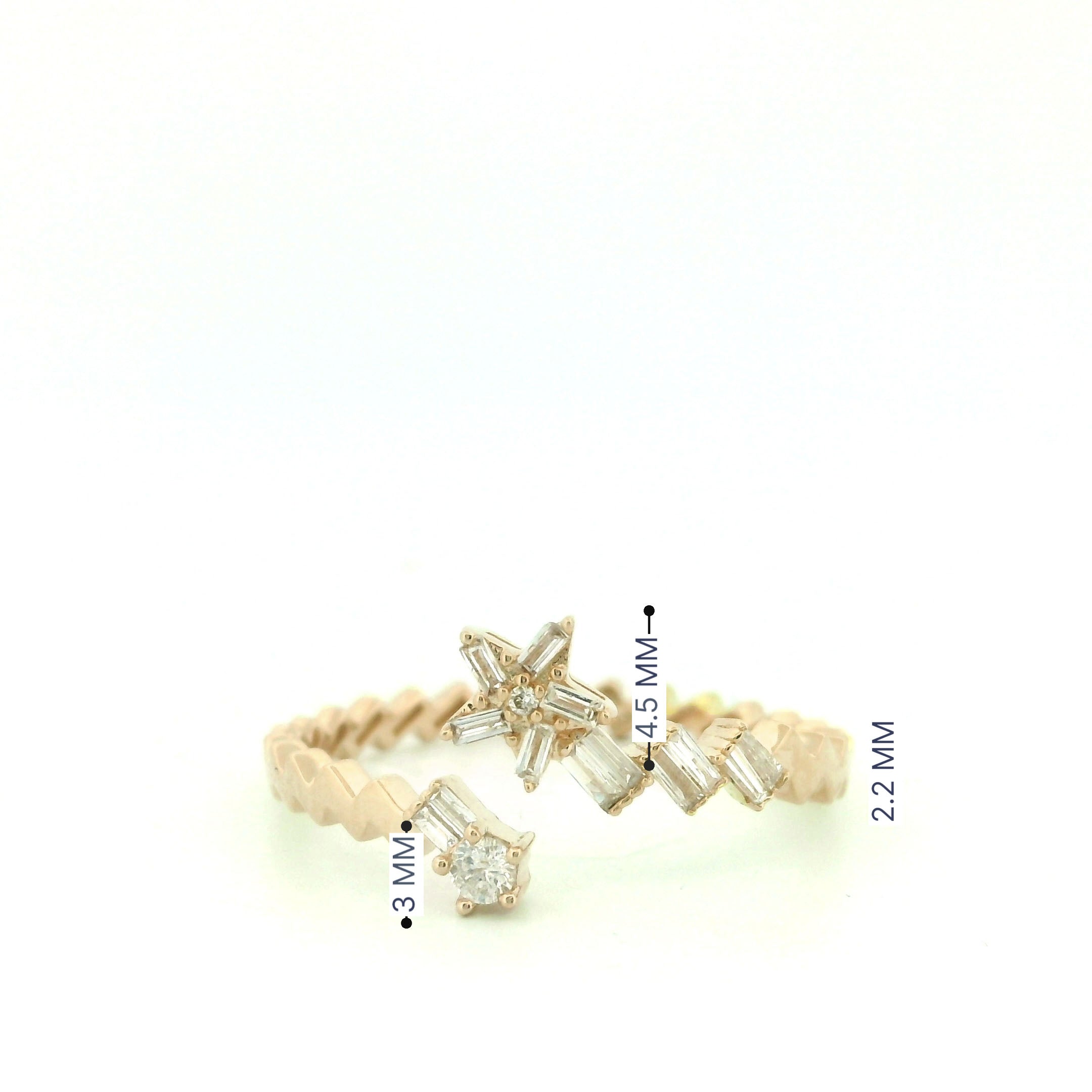 14K Yellow Gold Open Bypass Ring with Baguette & Round Diamond Star Cluster | 0.17 Ctw Natural White Diamond Twist Band