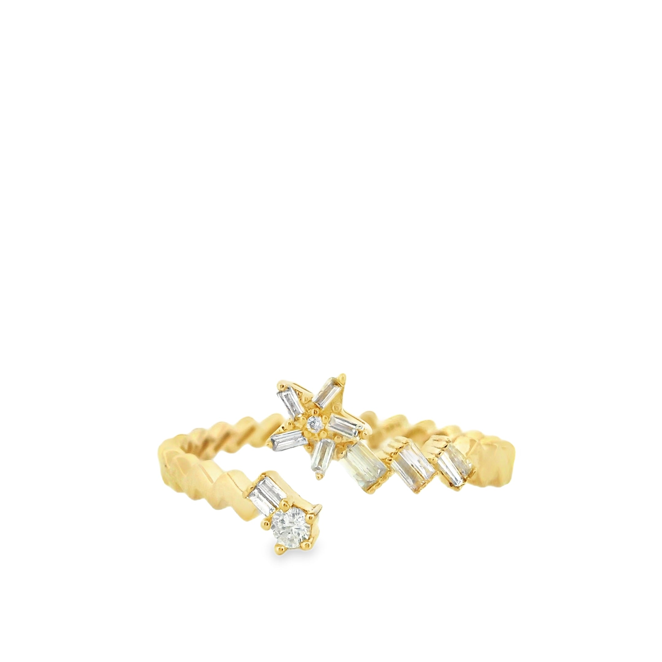 14K Yellow Gold Open Bypass Ring with Baguette & Round Diamond Star Cluster | 0.17 Ctw Natural White Diamond Twist Band
