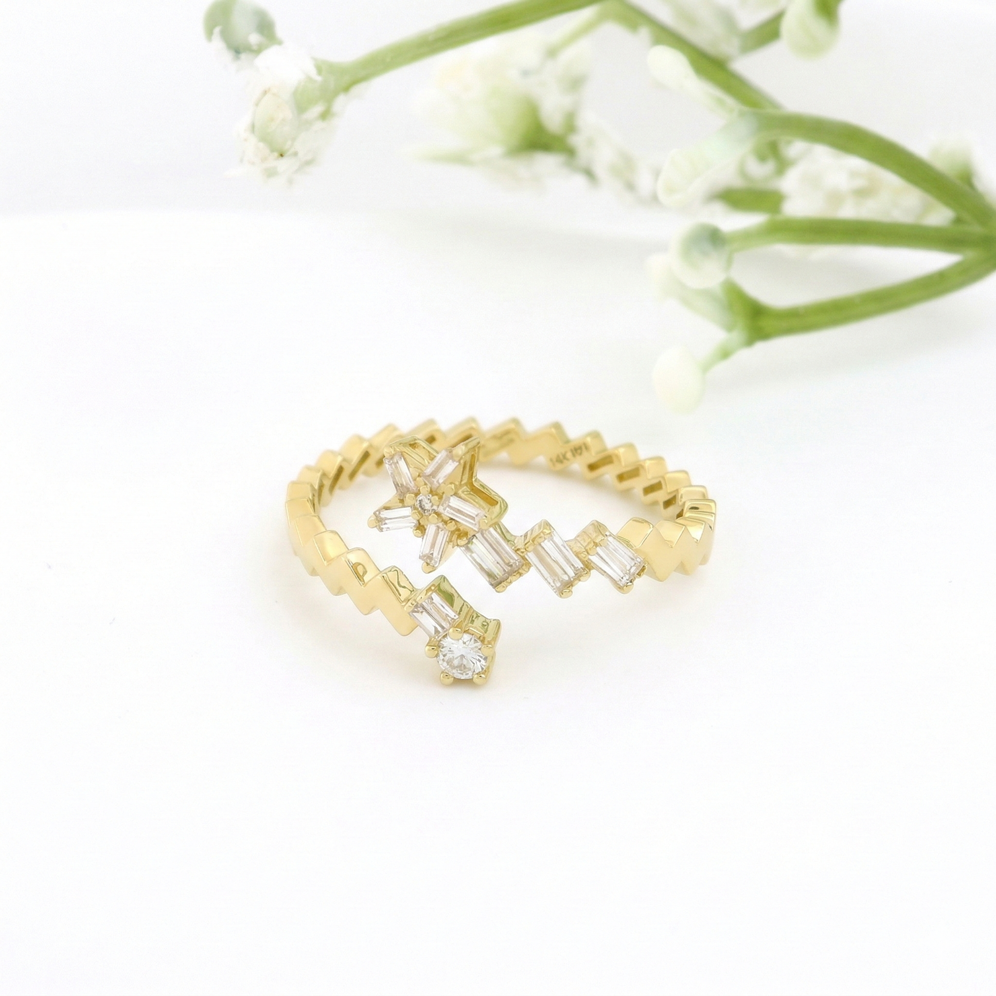 14K Yellow Gold Open Bypass Ring with Baguette & Round Diamond Star Cluster | 0.17 Ctw Natural White Diamond Twist Band