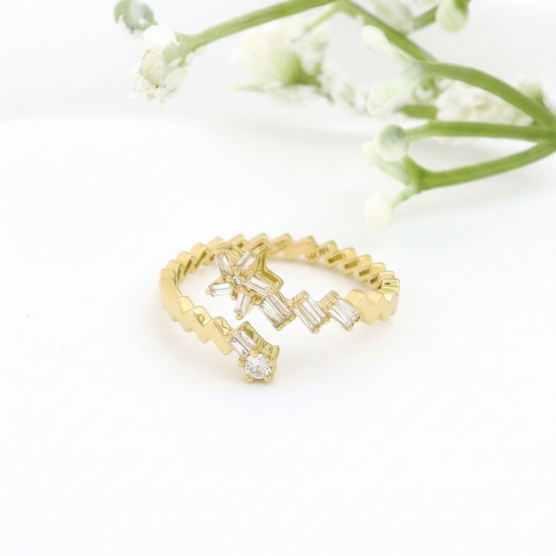 14K Yellow Gold Open Bypass Ring with Baguette & Round Diamond Star Cluster | 0.17 Ctw Natural White Diamond Twist Band