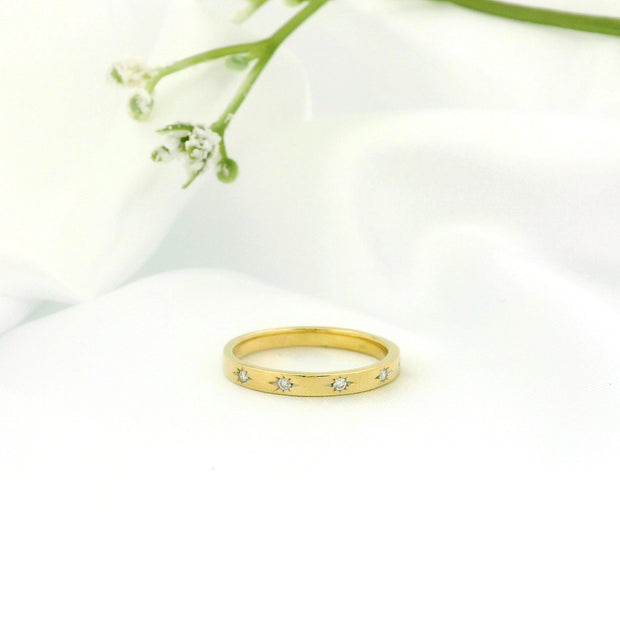 14k Gold Band Ring with Diamonds, Star Carving Design