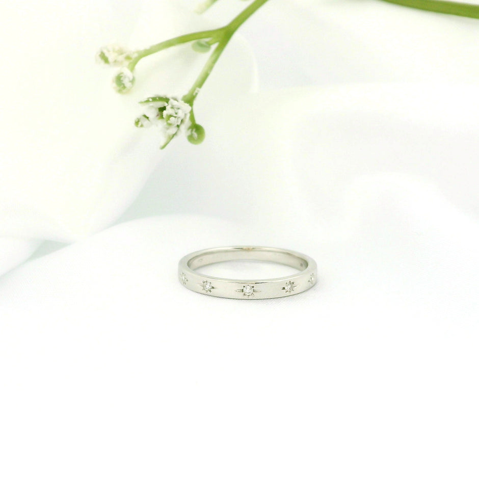 14k Gold Band Ring with Diamonds, Star Carving Design