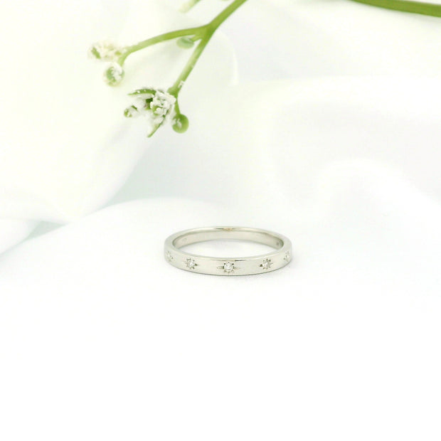 14k Gold Band Ring with Diamonds, Star Carving Design