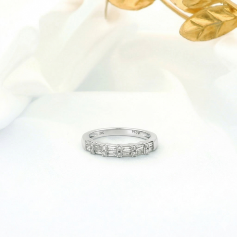 10K White Gold Alternating Baguette & Round Diamond Wedding Band | Mixed Cut Half Eternity Stack Ring