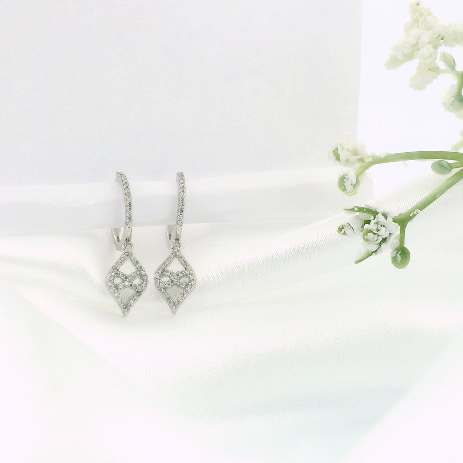 10k White Gold Diamond Hoop Earrings with Dangling Charm