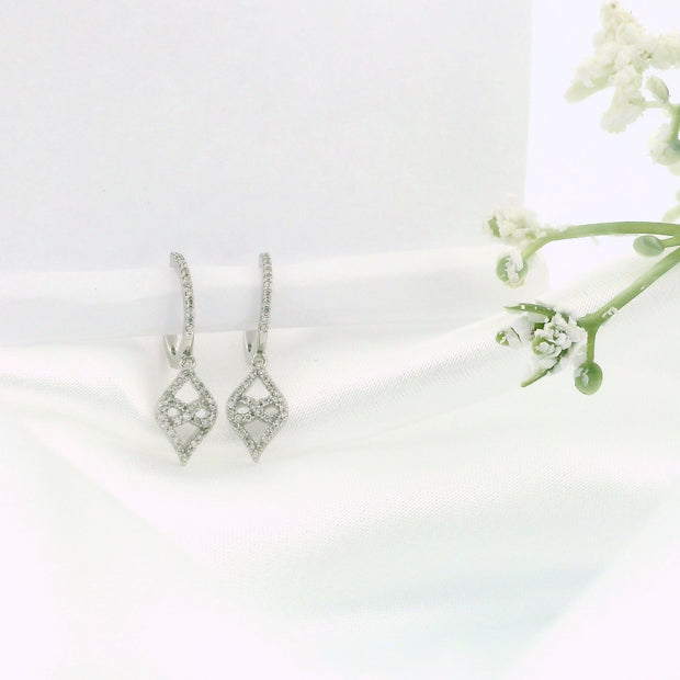 10k White Gold Diamond Hoop Earrings with Dangling Charm