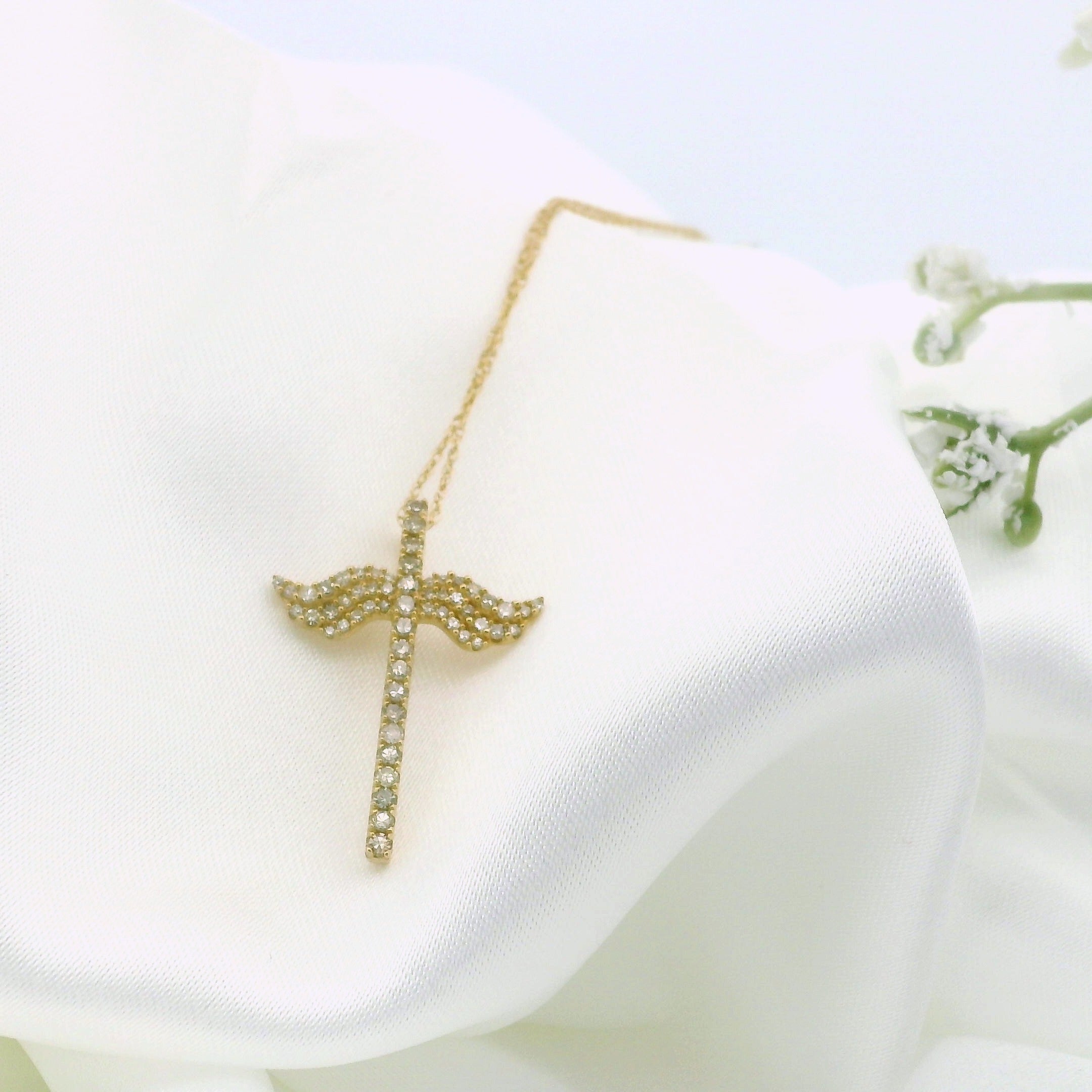 14k Yellow Gold Cross Necklace, Angel Wings Charm