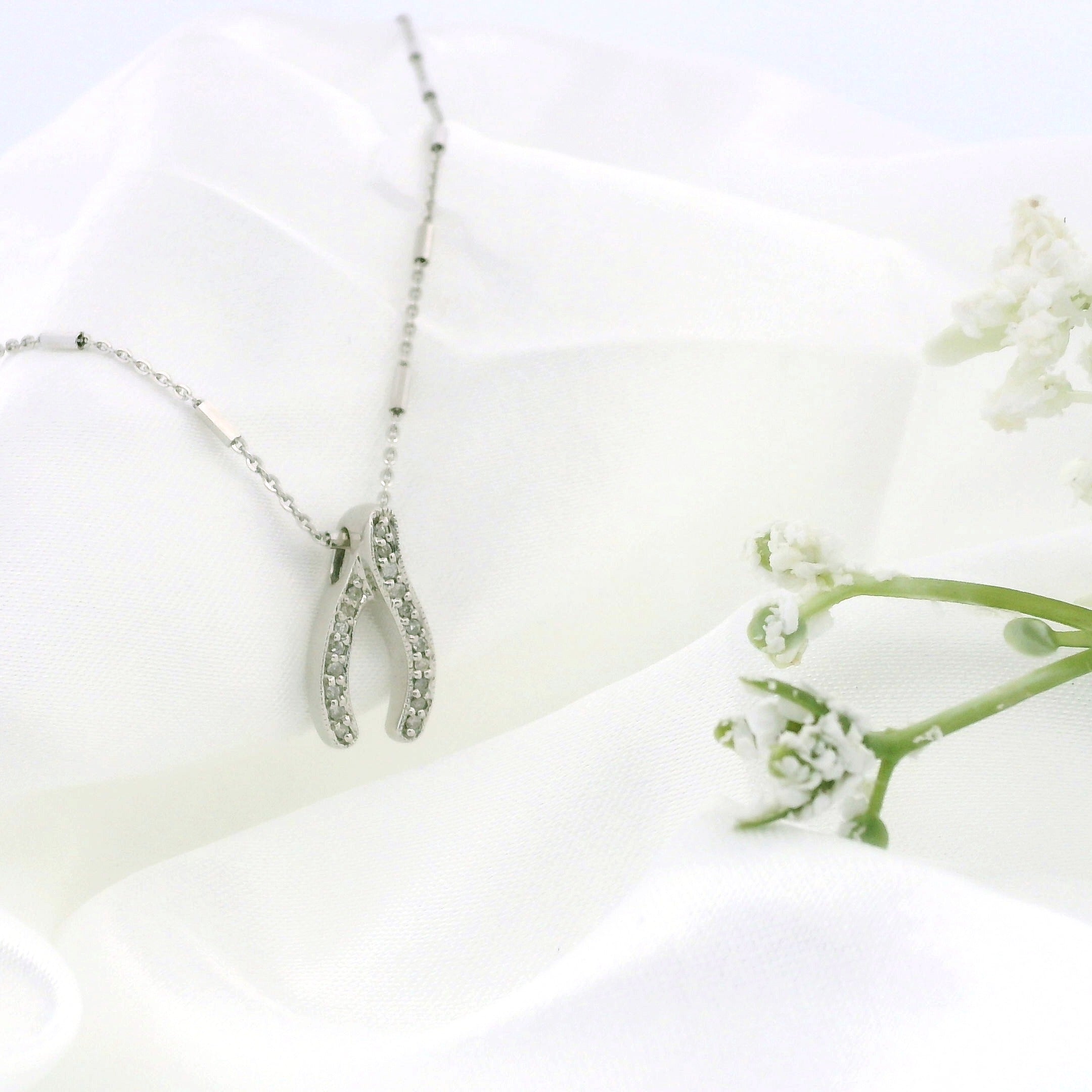 14k White Gold Wishbone Charm Necklace, Station Bar Chain