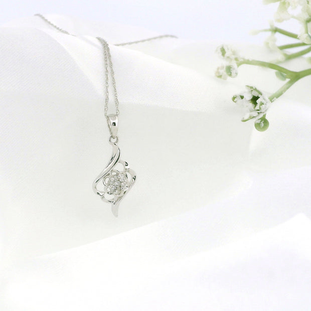 14k White Gold Charm Necklace, Cluster Flower with Rhombus Design