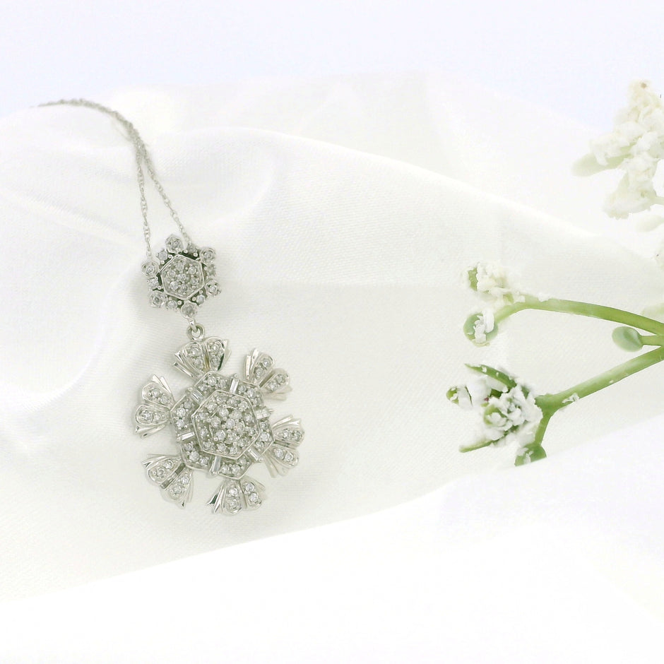 14k White Gold Hexagon Flower Charm Necklace