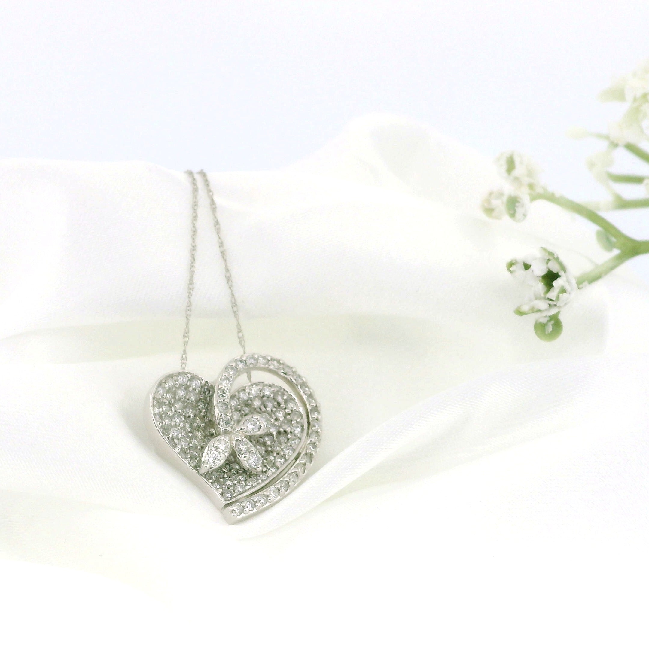 14k White Gold Heart and Flower Diamond Charm Necklace