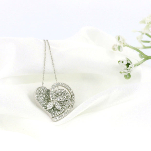 14k White Gold Heart and Flower Diamond Charm Necklace