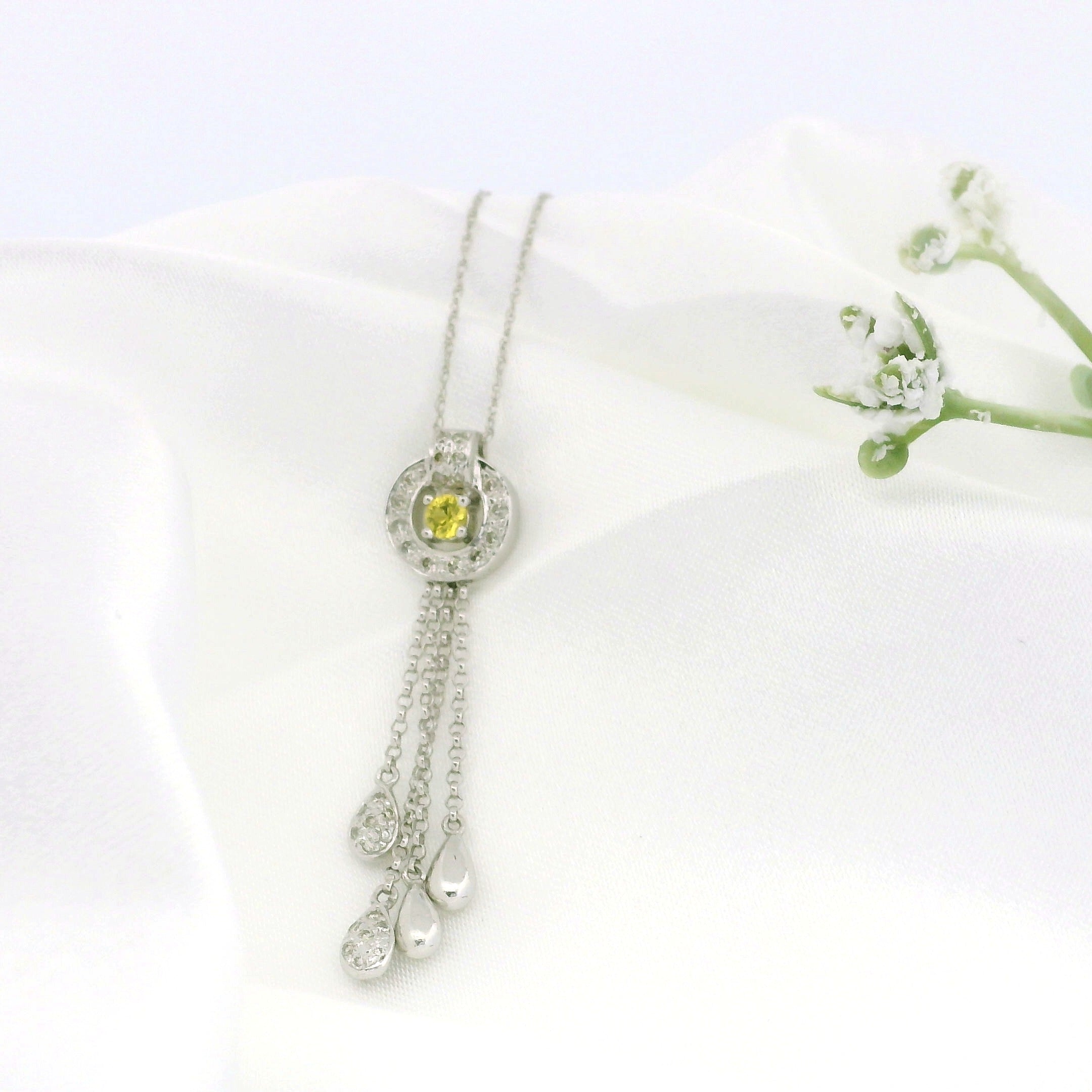 14k White Gold Round Frame Charm Necklace with Yellow Diamond Center, Teardrop Accents