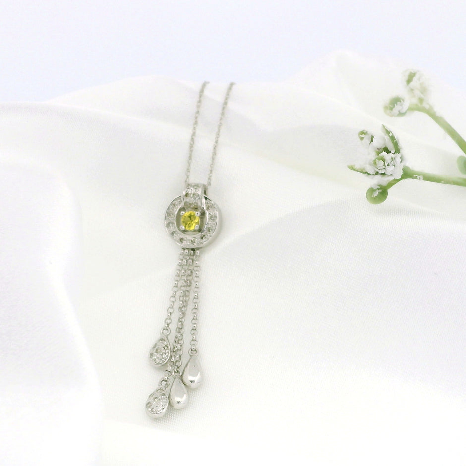 14k White Gold Round Frame Charm Necklace with Yellow Diamond Center, Teardrop Accents
