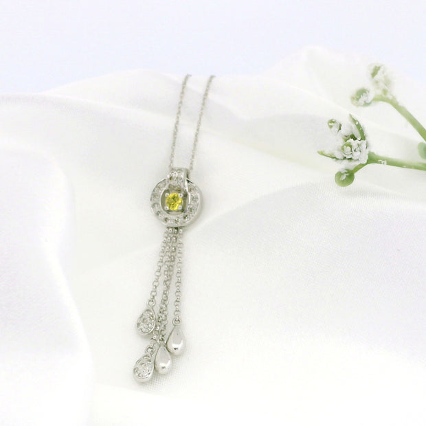 14k White Gold Round Frame Charm Necklace with Yellow Diamond Center, Teardrop Accents