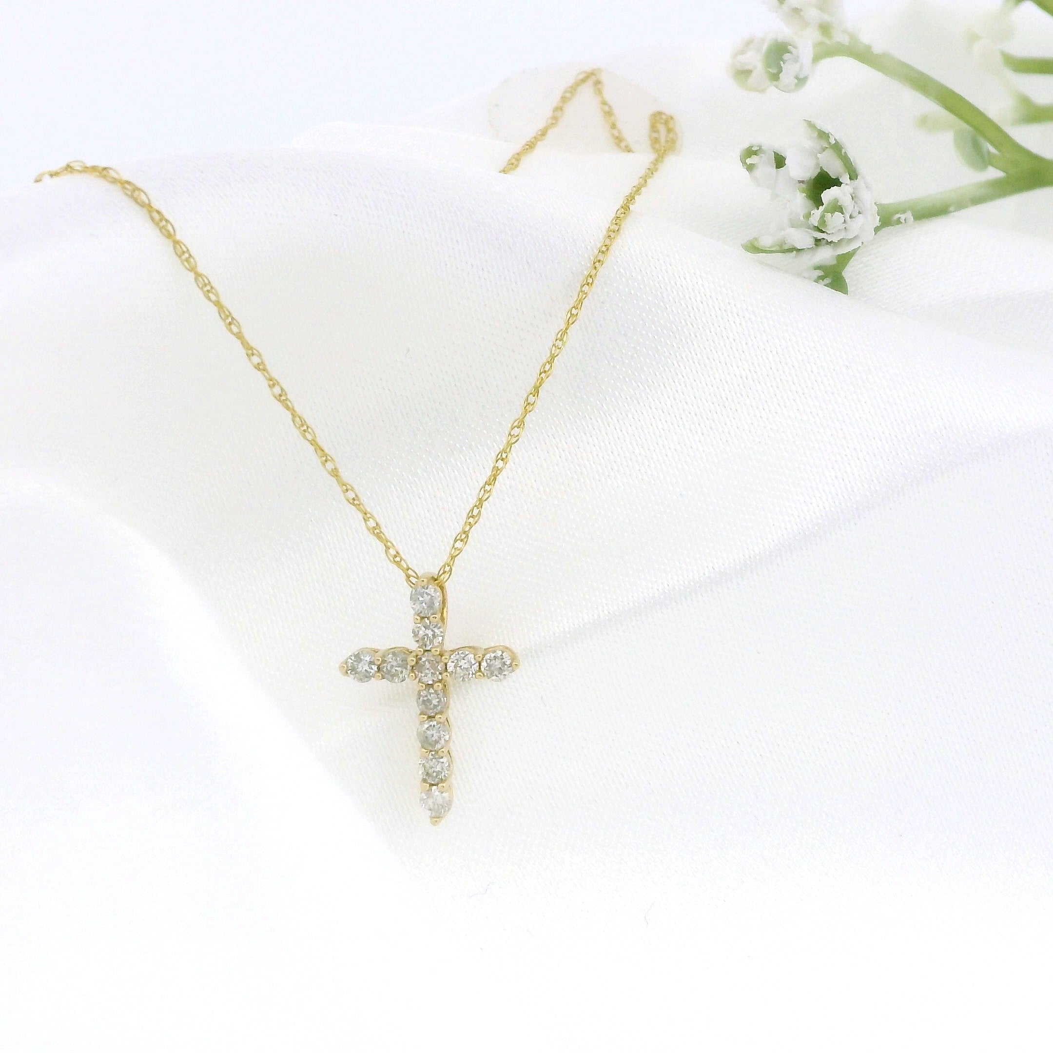 14k Gold Tiny Cross Diamond Necklace, Prong Setting