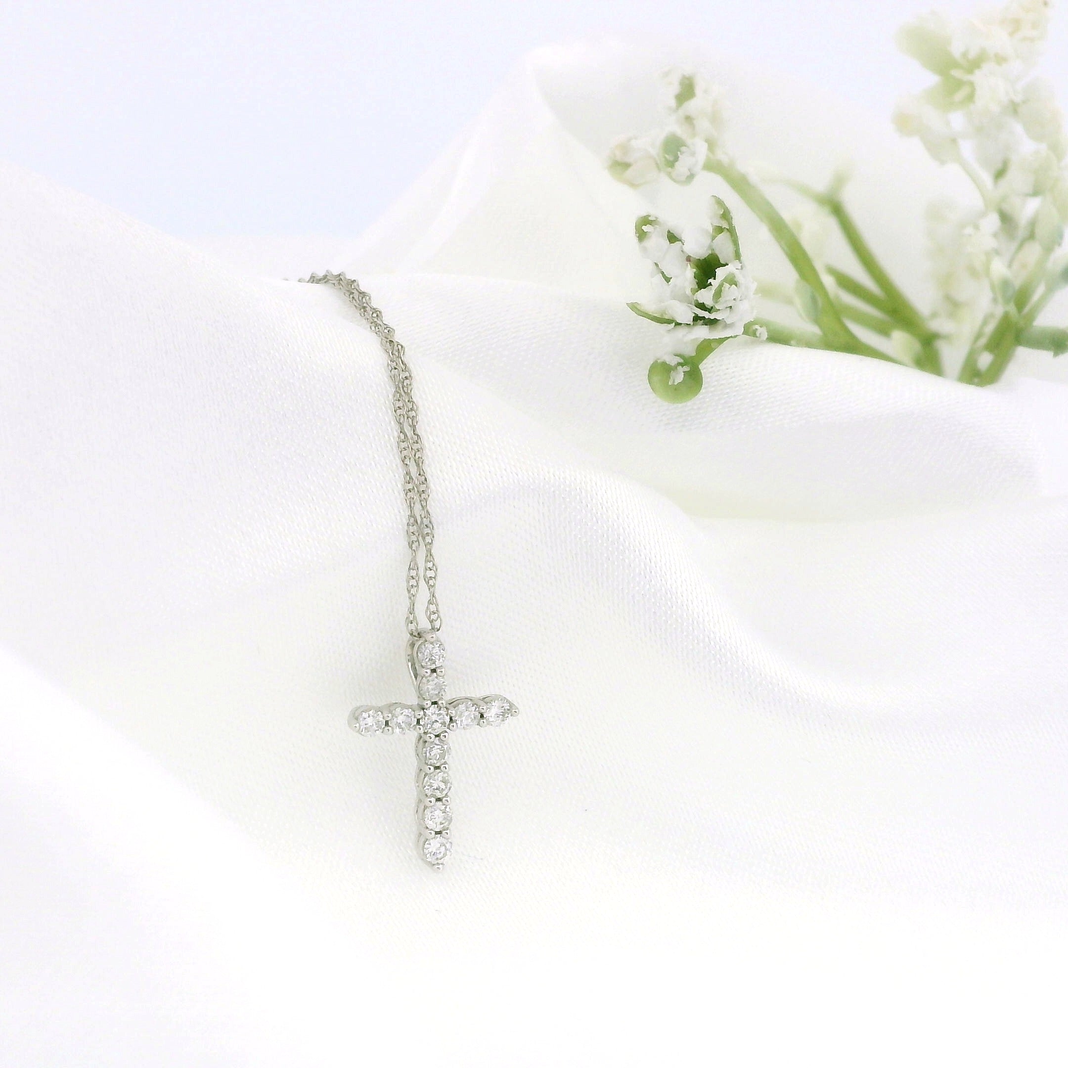 14k Gold Tiny Cross Diamond Necklace, Prong Setting
