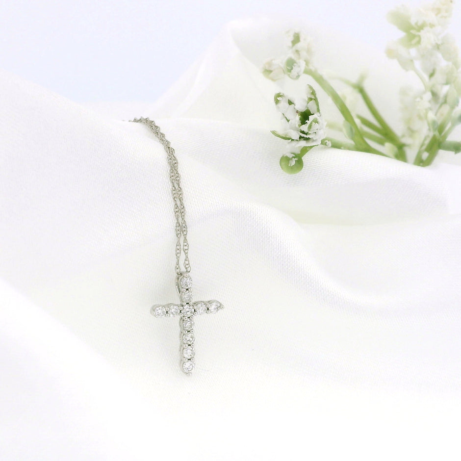 14k Gold Tiny Cross Diamond Necklace, Prong Setting