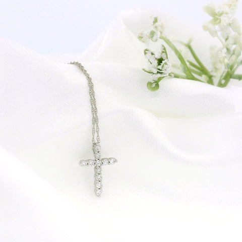 14k Gold Tiny Cross Diamond Necklace, Prong Setting