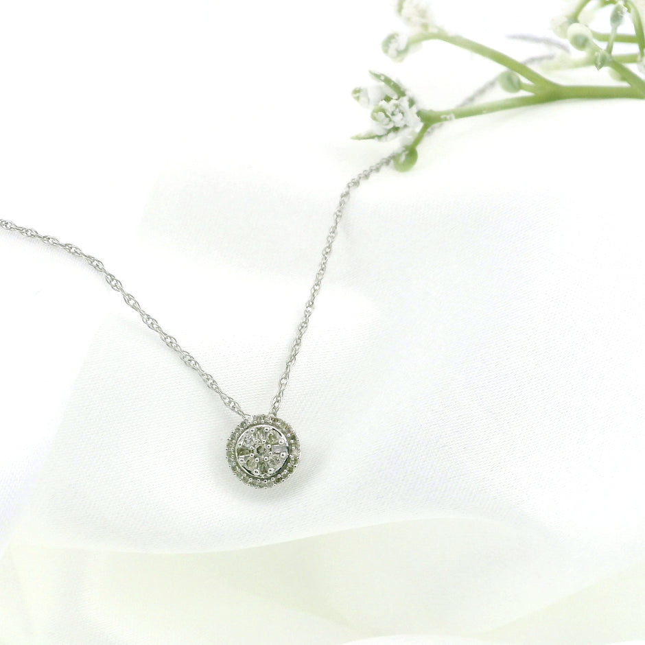 10k White Gold Halo Cluster Diamond Necklace