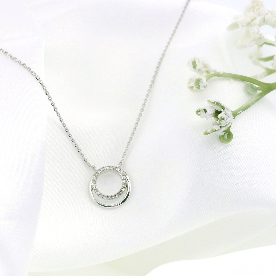 10k White Gold Double Circle Charm Necklace