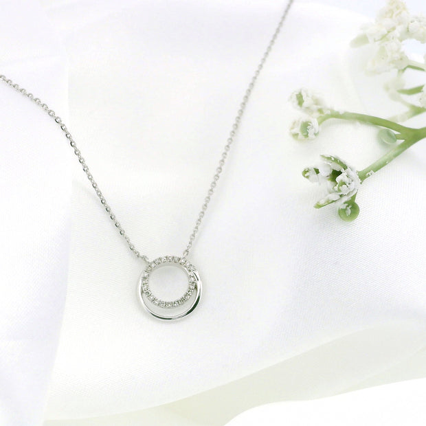 10k White Gold Double Circle Charm Necklace