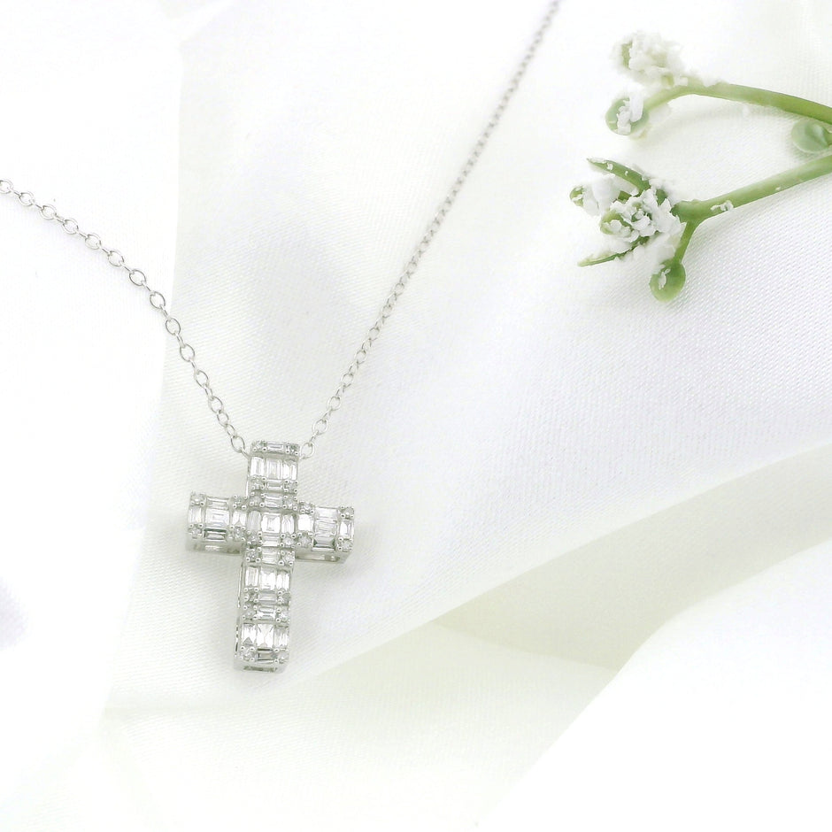 10k White Gold Cross Diamond Charm Necklace