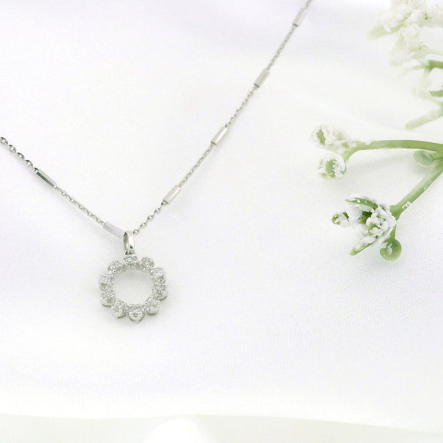 14k White Gold Circle Halo Diamond Charm Necklace