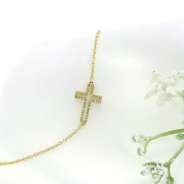 14k Yellow Gold Diamond Cross Halo Bracelet