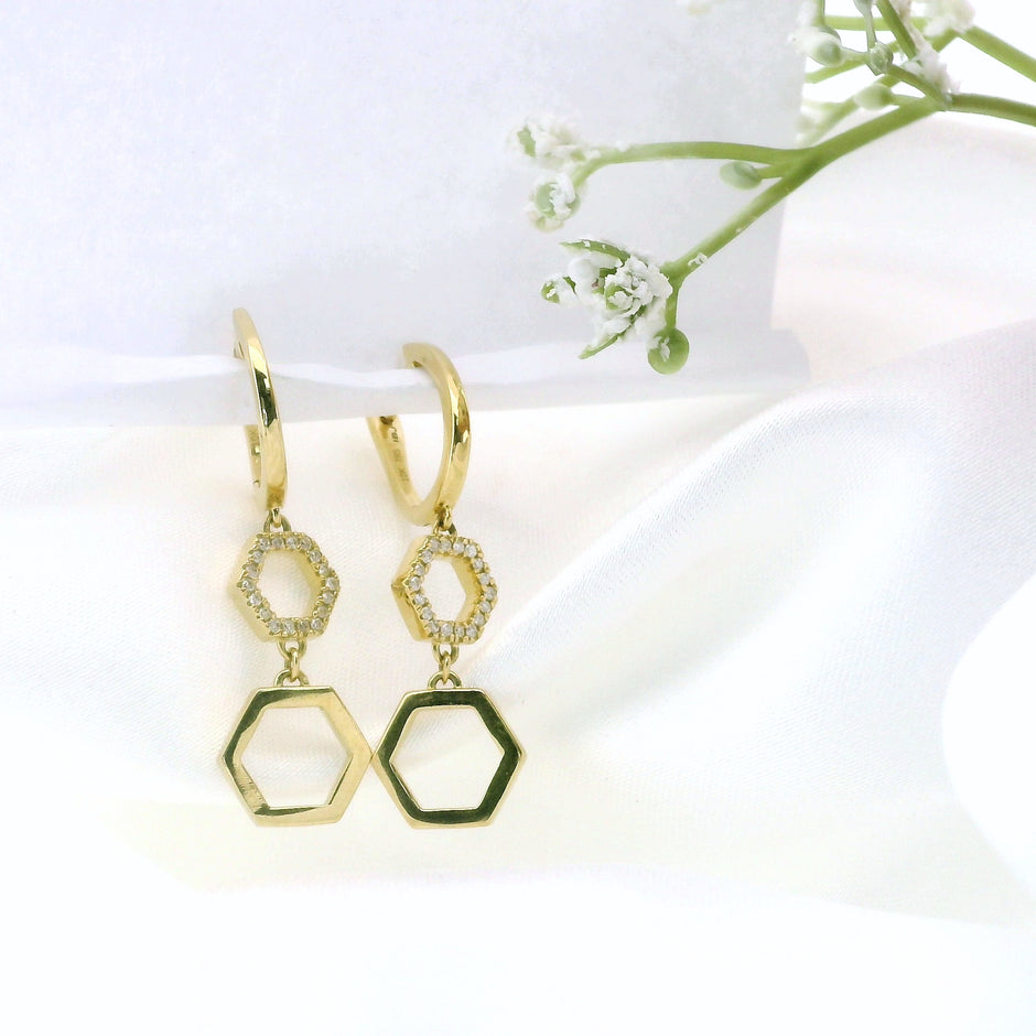 10k Yellow Gold Hexagon Frame Diamond Hoop Earrings