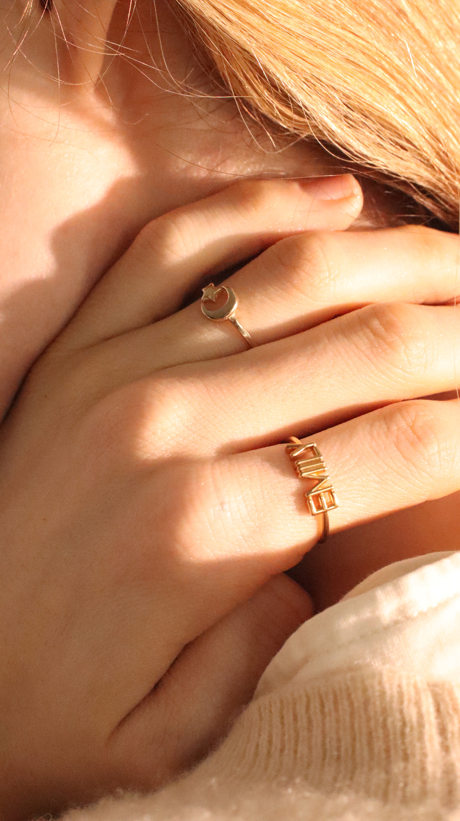 Minimalist Solid Gold Dainty Crescent Moon & Star Gold Stacking Band Ring