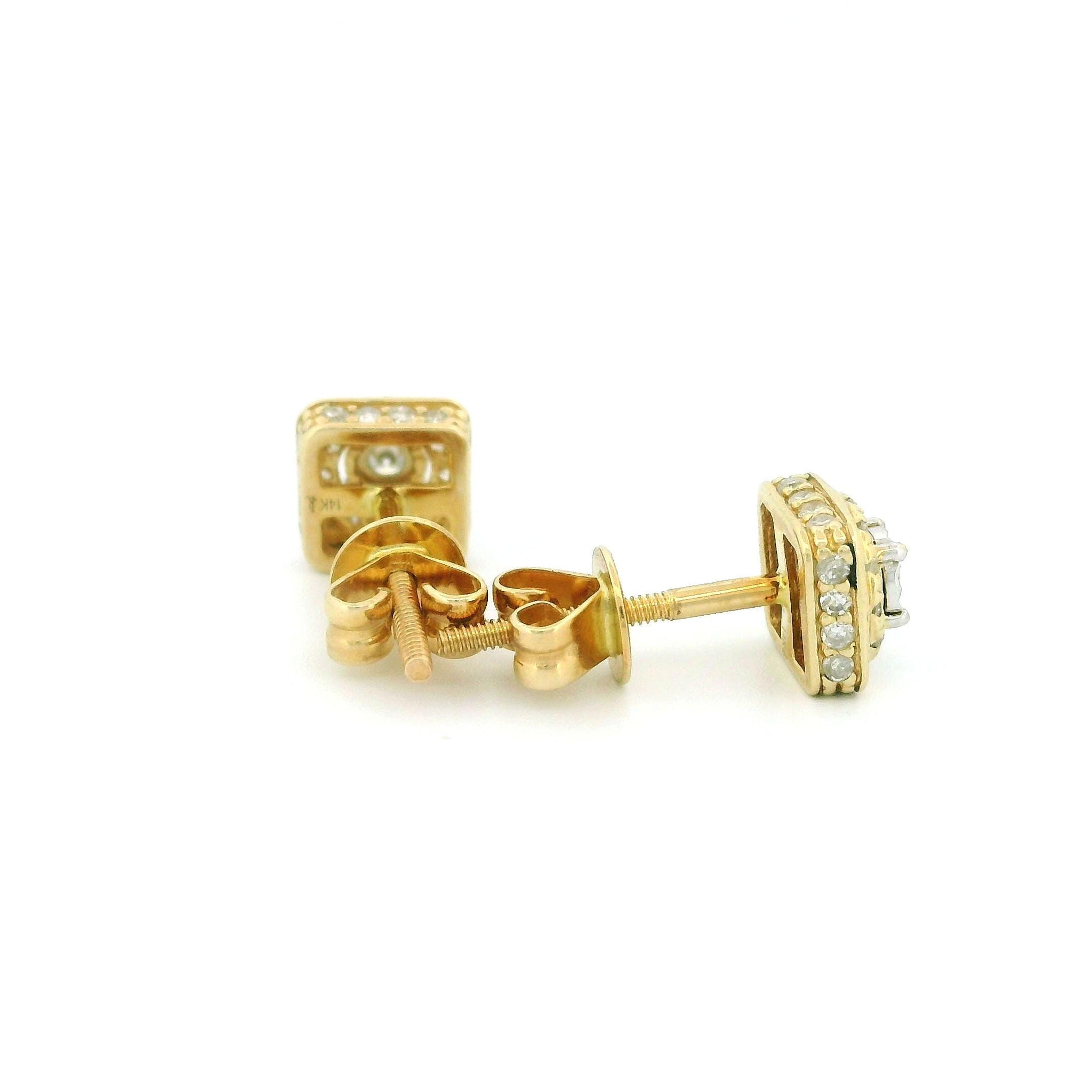 14k Yellow Gold Diamond Stud Earrings, Square Setting with Circle Design, Round Natural Diamonds, Dainty Fine Jewelry Gift for Her
