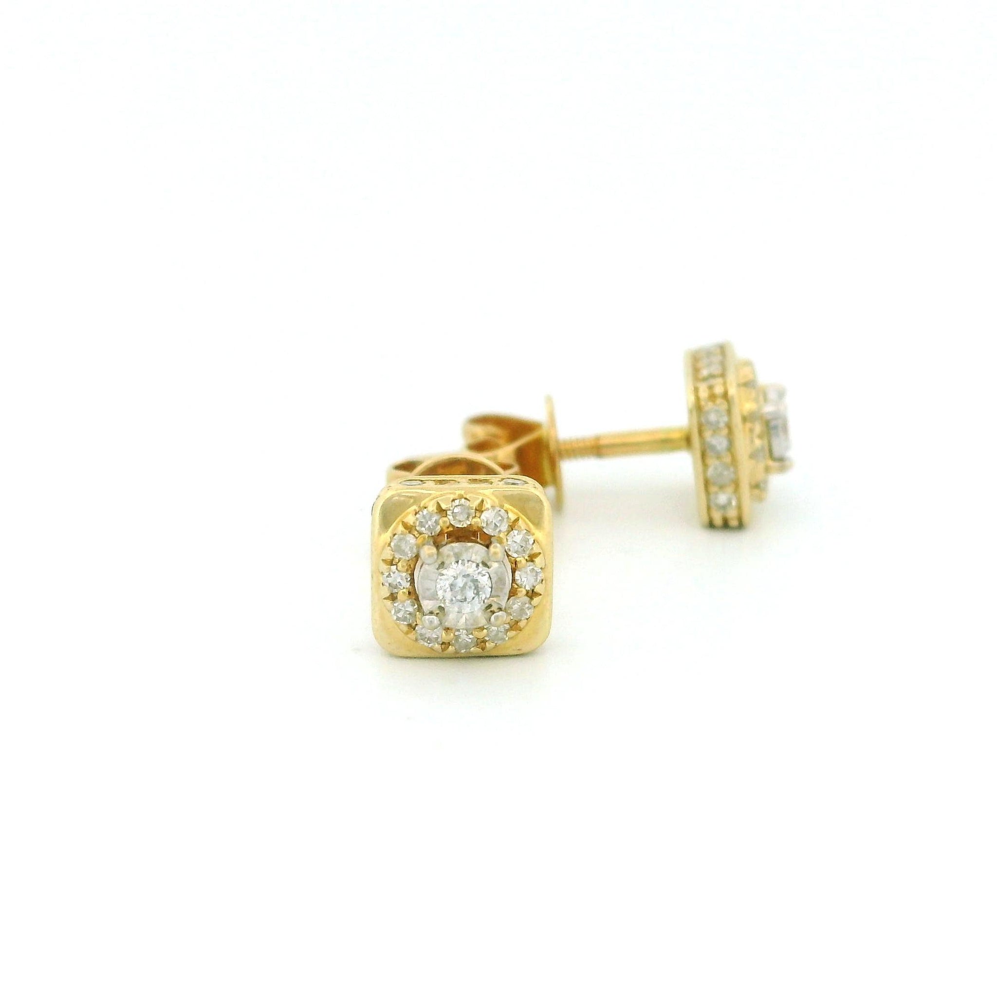 14k Yellow Gold Diamond Stud Earrings, Square Setting with Circle Design, Round Natural Diamonds, Dainty Fine Jewelry Gift for Her
