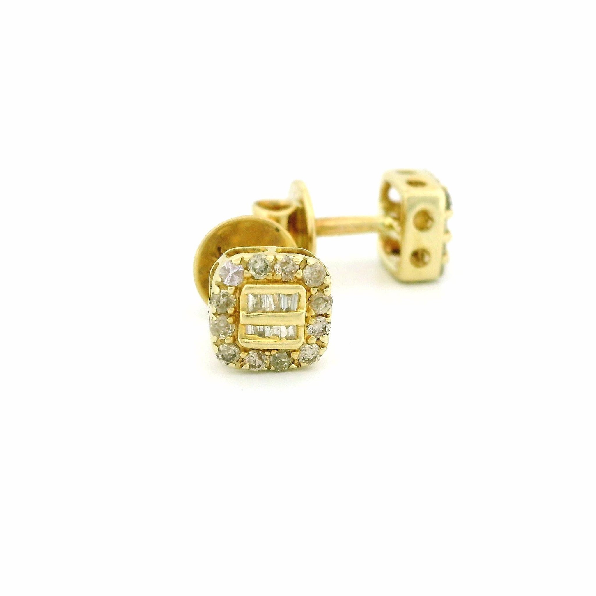 14k Yellow Gold Square Diamond Stud Earrings, Round & Tapered Natural Diamonds, Dainty Real Gold Earrings, Fine Jewelry Gift