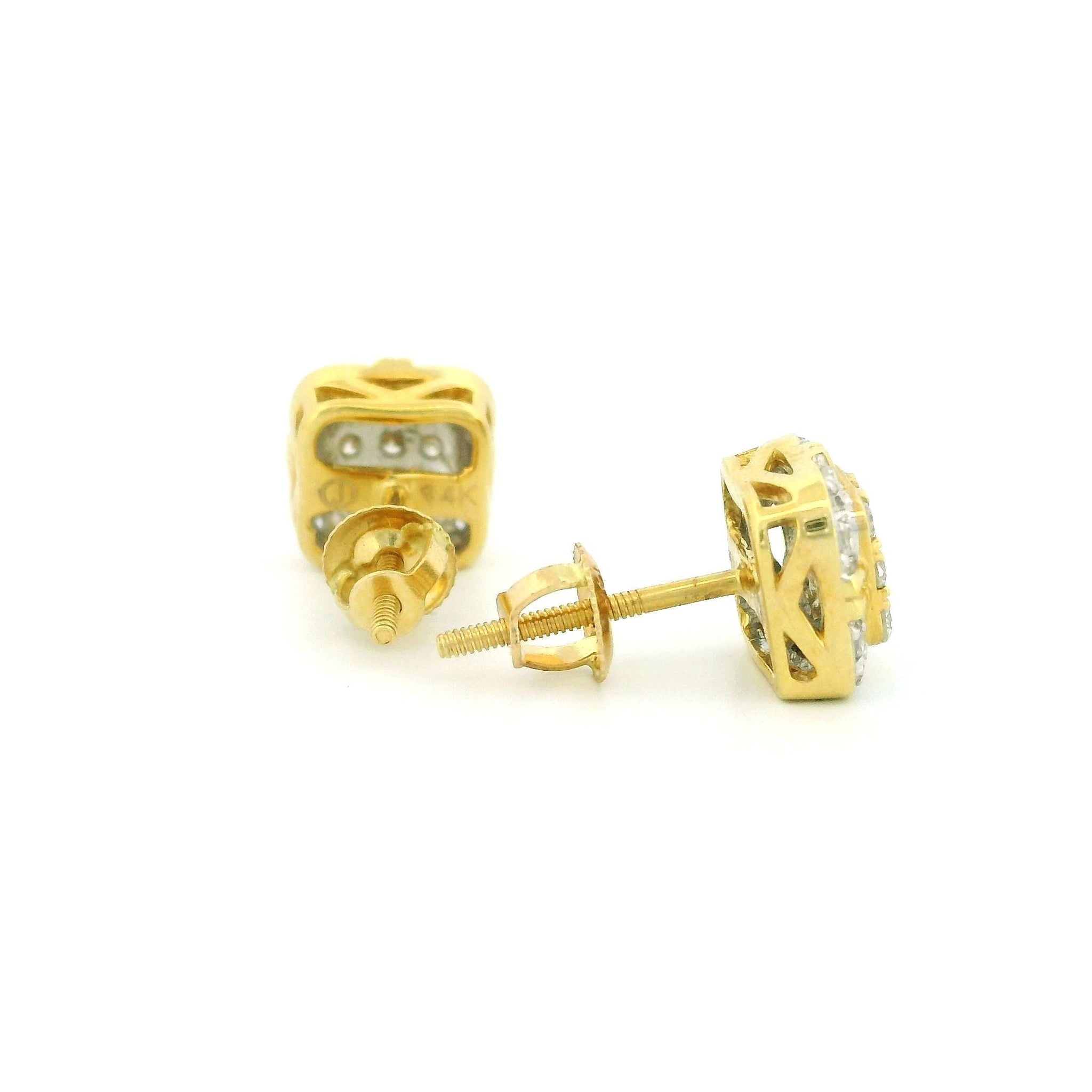 14k Yellow Gold Cushion Frame Diamond Stud Earrings, Raised Center Design, Tiny Round Natural Diamonds,  Dainty Real Gold Gift