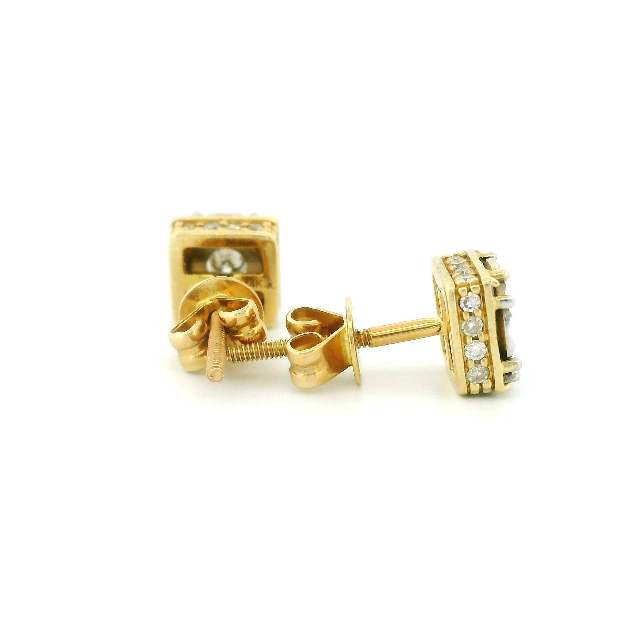 14k Yellow Gold Square Diamond Stud Earrings, Center Diamond with Gold Cut-Out, Side Diamond Accents, Dainty Real Gold Jewelry Gift