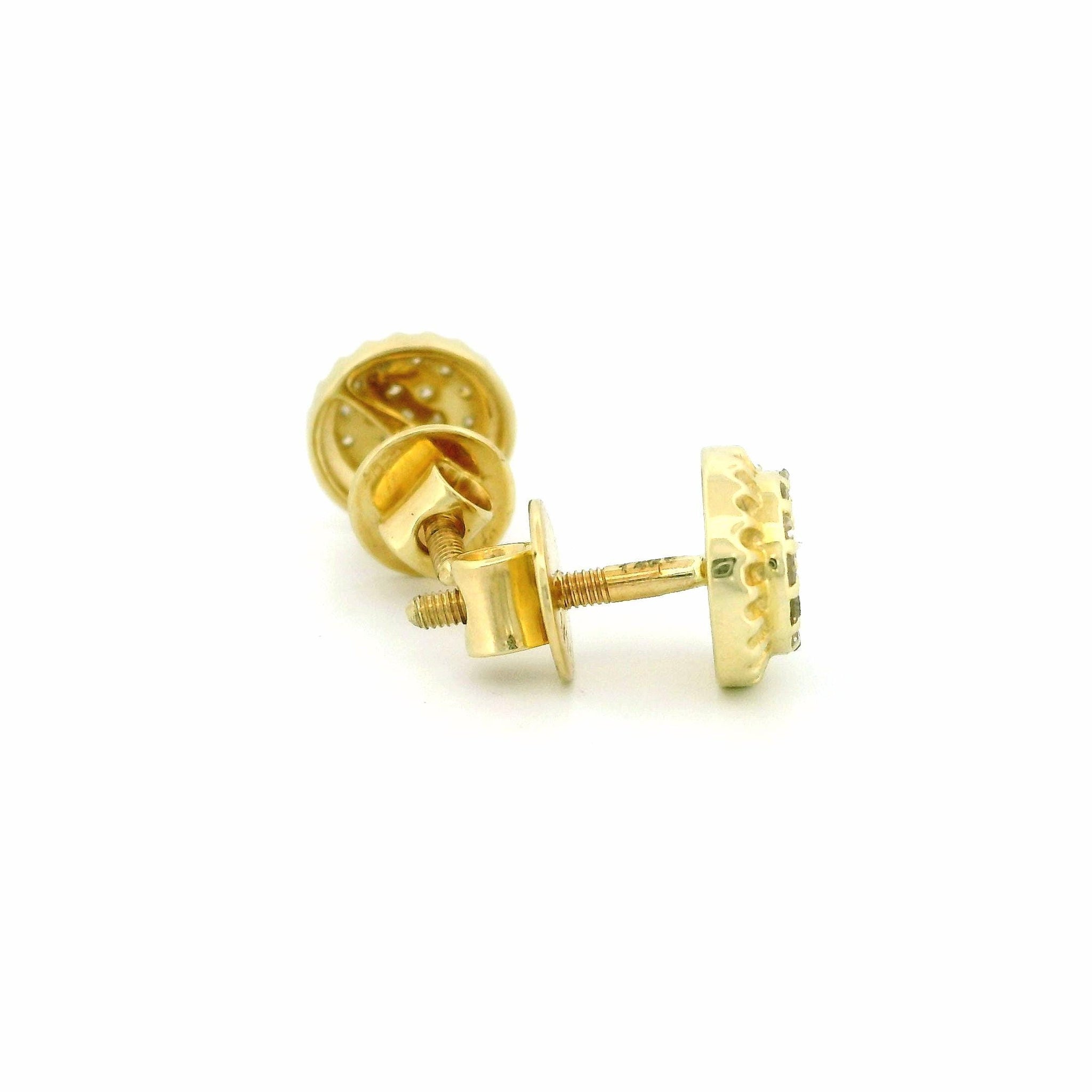 14k Yellow Gold Round Diamond Stud Earrings, Cluster Center with Decorative Gold Edge, Tiny Natural Diamonds, Real Gold Jewelry Gift