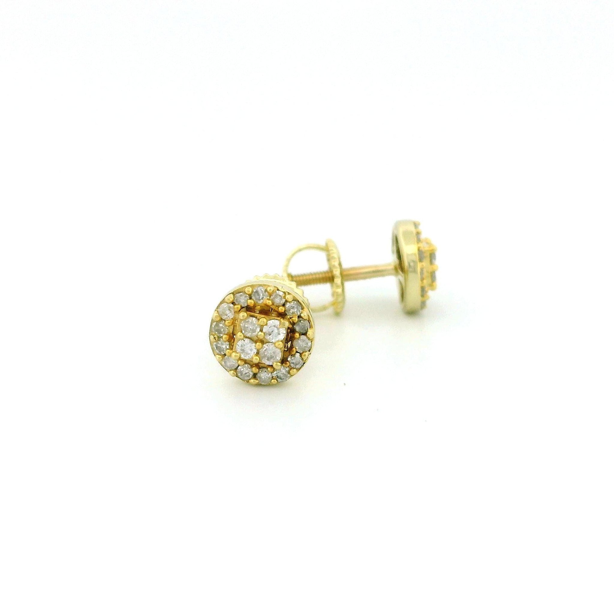 14k Yellow Gold Round Diamond Stud Earrings, Raised Square Center with 4 Diamonds, Tiny Natural Diamonds, Real Gold Fine Jewelry Gift