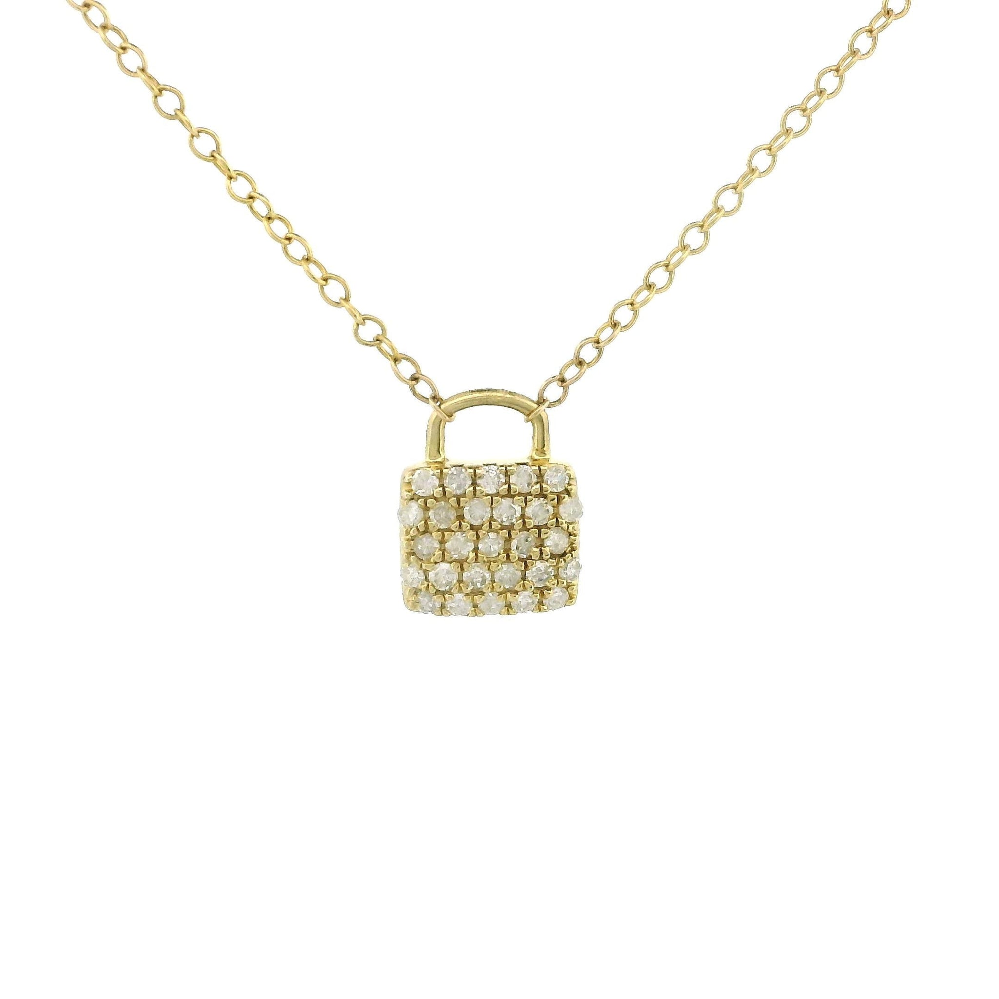 10k Yellow Gold Lock Charm Necklace, Natural Diamond Pendant, Padlock Charm,  Thin Round Link Chain, Everyday Fine Jewelry