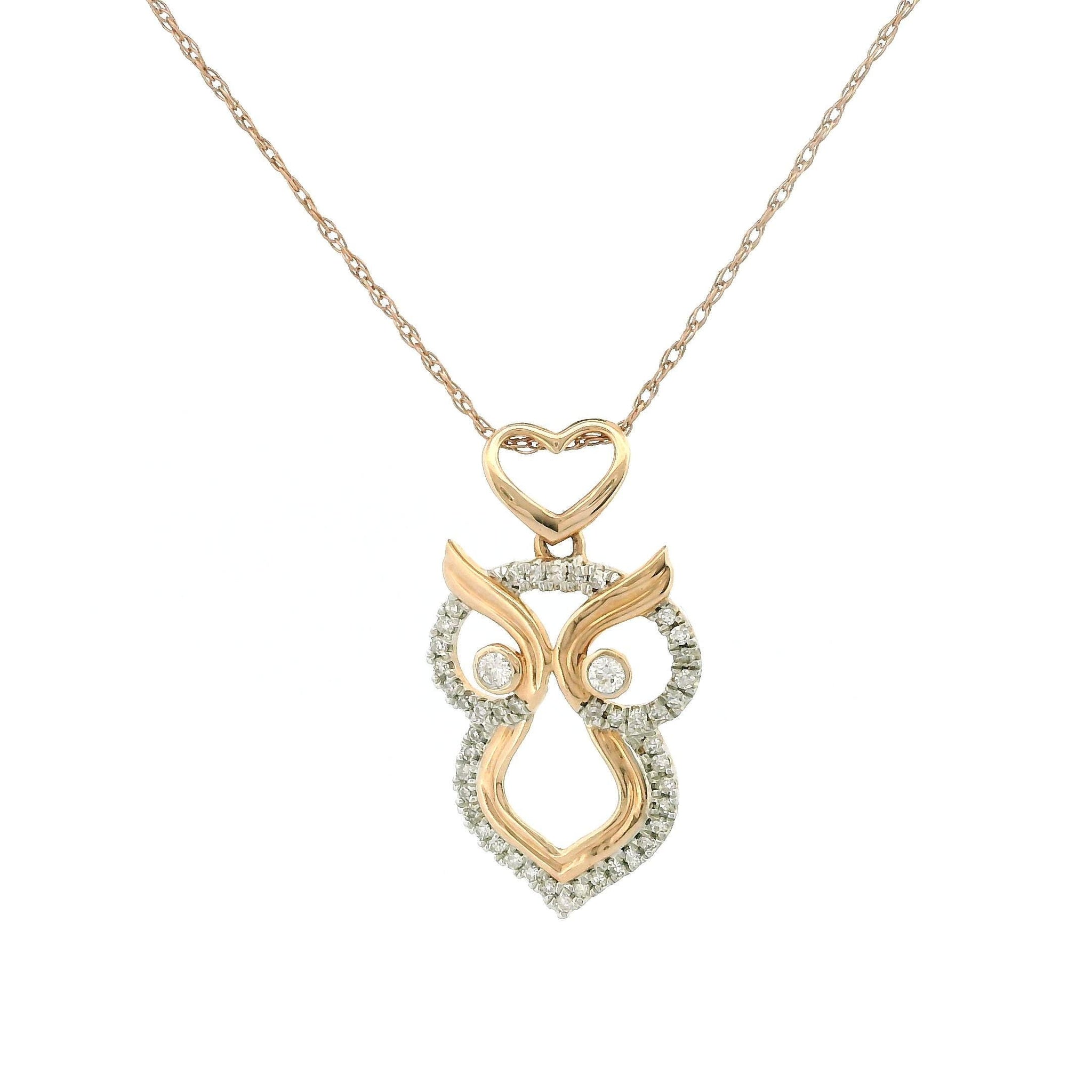 14k Gold Charm Necklace, Rose Gold Owl Pendant, 0.13ct Natural Diamond, Tiny Diamond Charm, Rope Chain Necklace, Animal Jewelry