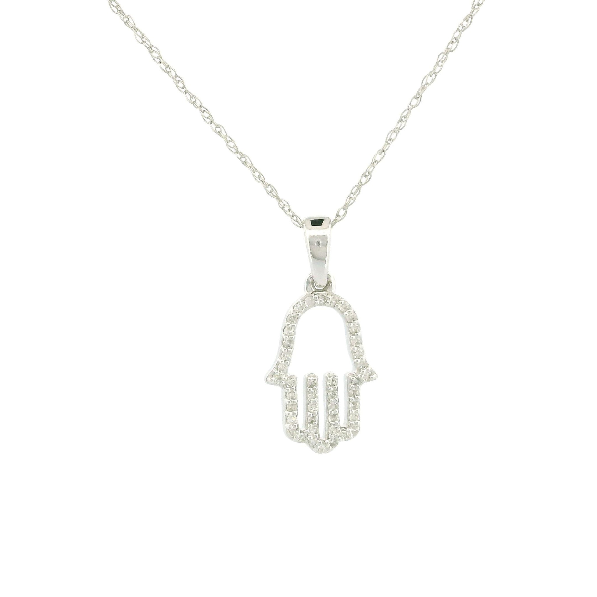 14k Gold Charm Necklace, White Gold Hamsa Hand Pendant, 0.11ct Natural Diamond, Dainty Diamond Charm, Rope Chain Necklace