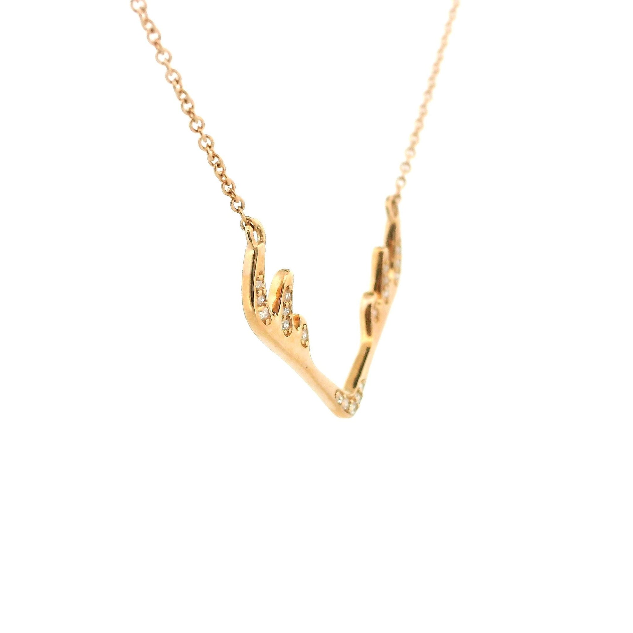 14k Gold Charm Necklace, White and Rose Gold Deer Antler Pendant, Natural Diamond Necklace 0.05ct, Tiny Rope Chain