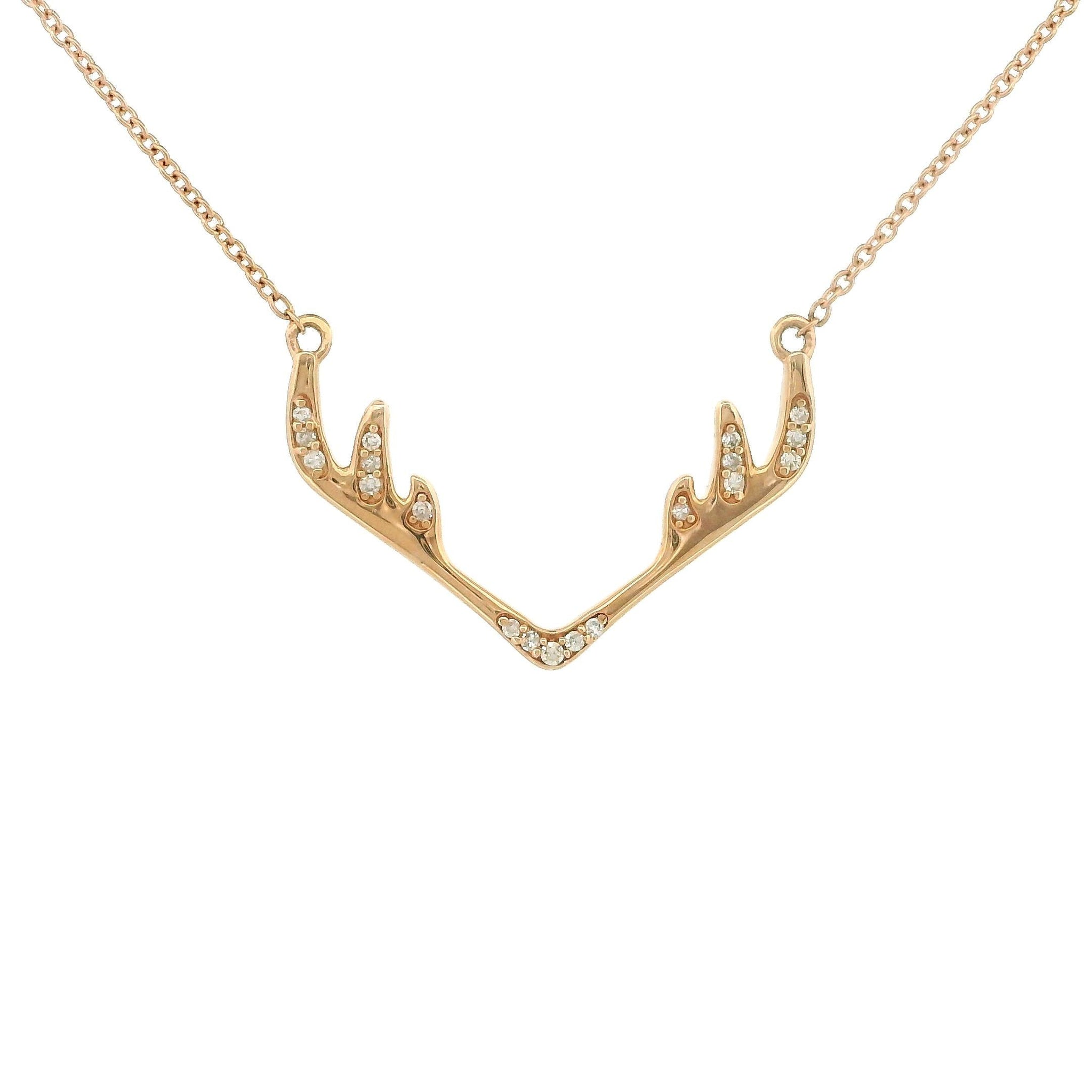 14k Gold Charm Necklace, White and Rose Gold Deer Antler Pendant, Natural Diamond Necklace 0.05ct, Tiny Rope Chain