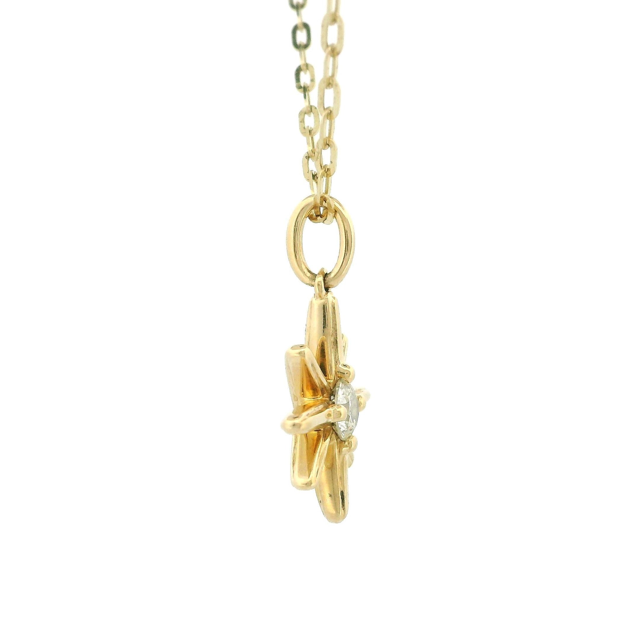 10k Gold North Star Charm Necklace, Diamond Star Pendant 0.25ct, Yellow Gold Dainty Necklace, Tiny Round Link Chain