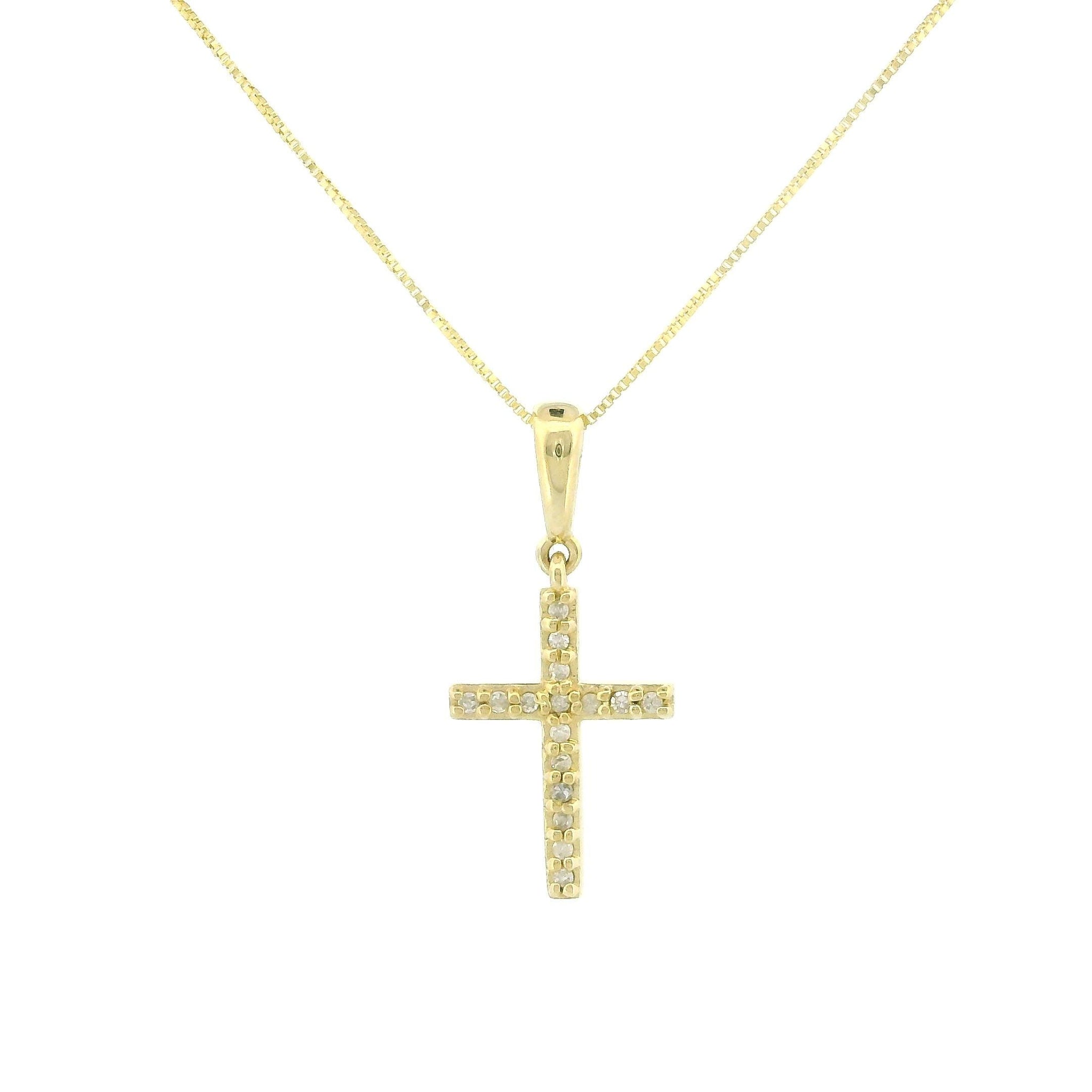 10kt Gold Small Cross Charm Necklace, Natural Diamond Cross Pendant 0.08ct, Yellow Gold, Tiny Box Chain, Dainty Religious Necklace
